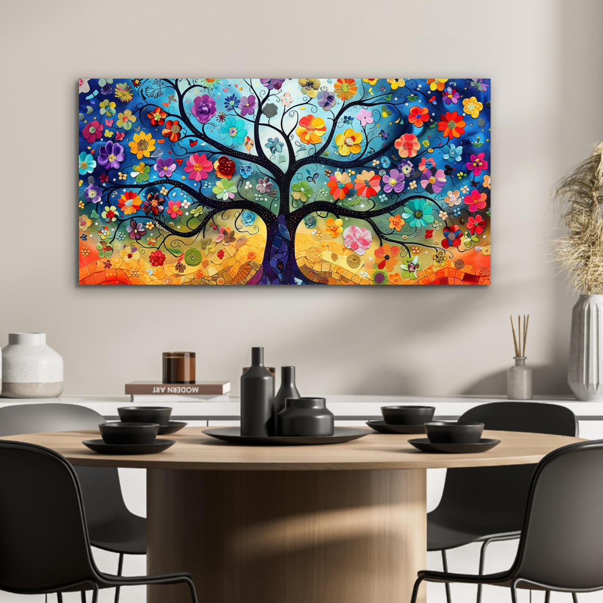 KOVOVÝ OBRAZ Umenie - Strom života - Kvety - Hippie 80x40 cm - tmavomodrá, kov (80/40cm) - MuchoWow
