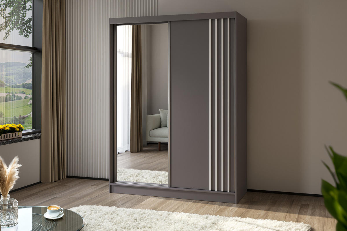 KLEIDERSCHRANK mit Spiegel-Schiebetüren und Aluminium-Leisten - NALLA - 160 cm Grau+Grau+Weiß - Weiß/Grau, Holzwerkstoff (160/216/61cm) - ALTDECOR