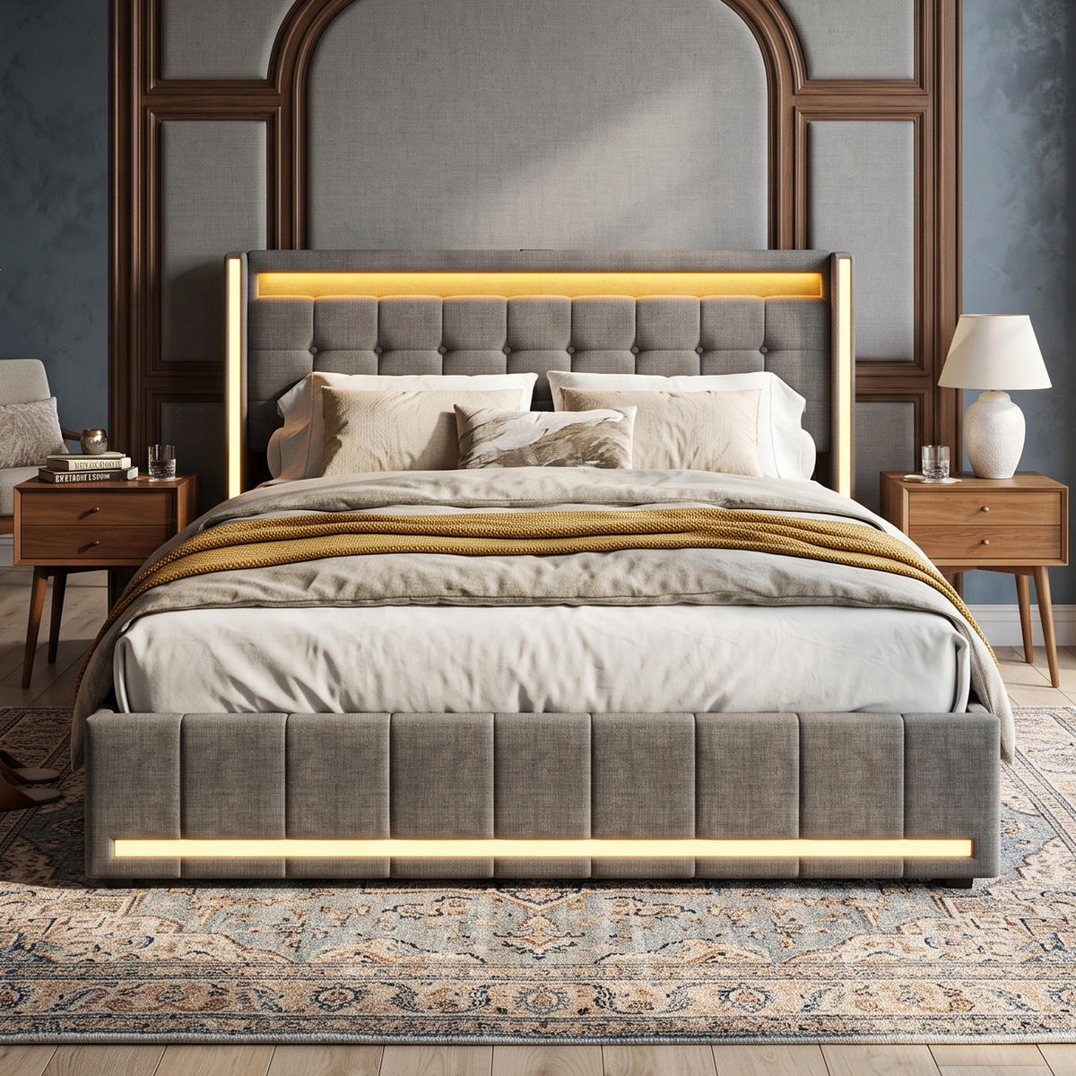 POLSTERBETT Geometrisch 180/200 cm mit 4 Schubladen & App-LED Leinenoptik Grau - Grau, Textil (180/200cm) - Creahappy