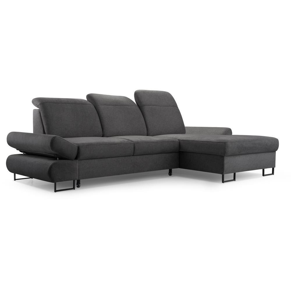 ECKSCHLAFSOFA Karo mit verstellbaren Kopfstützen Graphit rechts - Schwarz/Graphitfarben, Textil/Metall (265/156cm) - Beautysofa