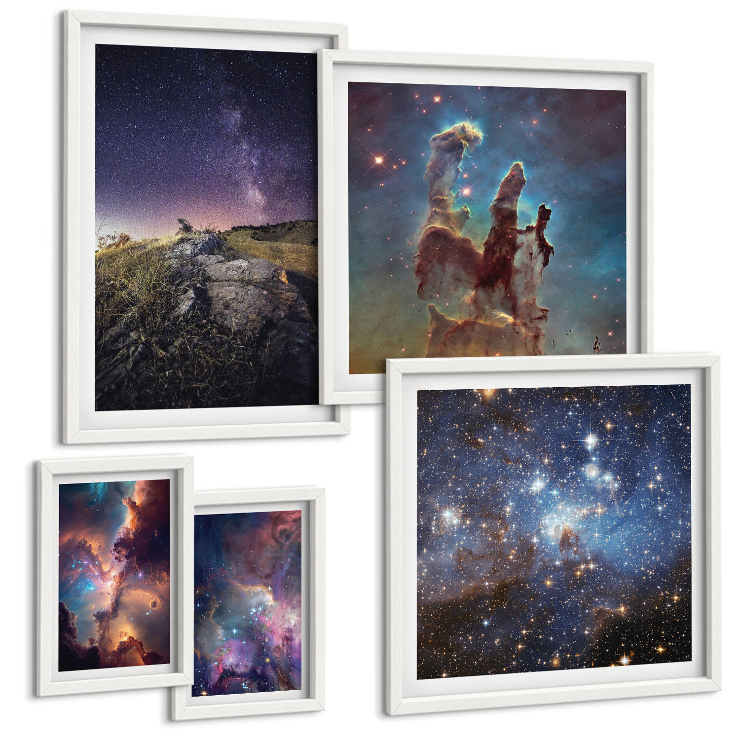 BILDER SET 5er Set - 50x50 cm & 20x30 cm & 40x60 cm Weißer Rahmen - Wasserfall in der Schlucht - Weiß, Kunststoff (40/60cm) - TULUP