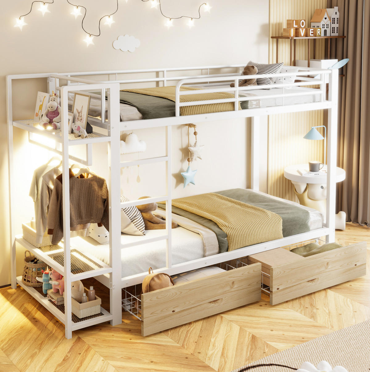 ETAGENBETT aus Metall 90x200 cm Weiß mit LED-Lichtleiste, 2 Schubladen, Ablageflächen und Kleiderstange - Weiß, Metall (90/200cm) - Modfu