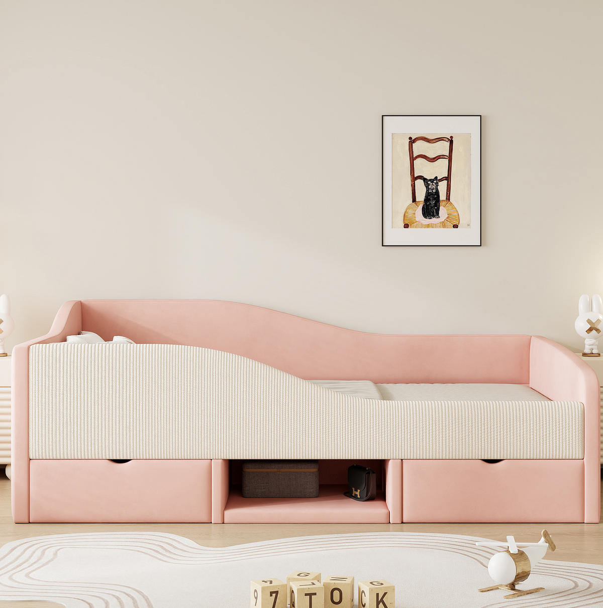 SAMT-POLSTERBETT 90/190 cm mit 2 Schubladen und gepolsterten Schutzgittern - Rosa, Textil (90/190cm) - BEAOK