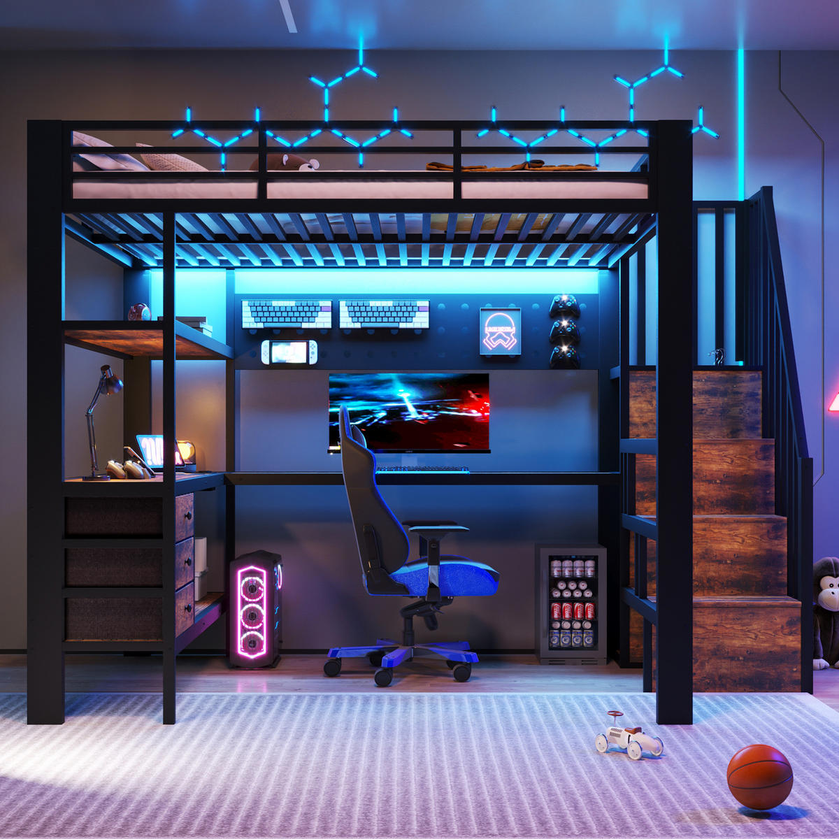 HOCHBETT 140/200 cm aus MDF und Metall mit Tisch, LED, Schwarz - Schwarz, Holzwerkstoff (140/200cm) - OKMYHOME