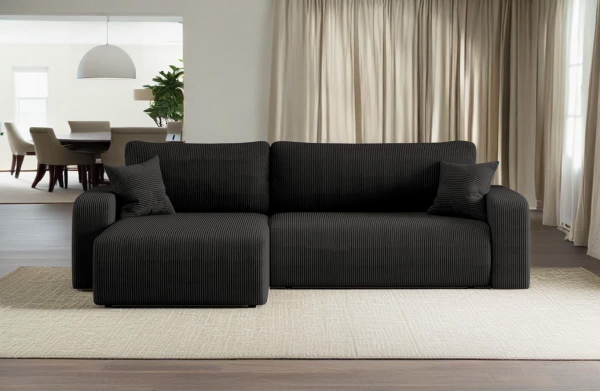 SCHLAFSOFA MILANO XL und bettkasten stoff Poso Dicker Cord Schwarz Links - Schwarz, Holz (274/82/145cm) - Kaiser Möbel