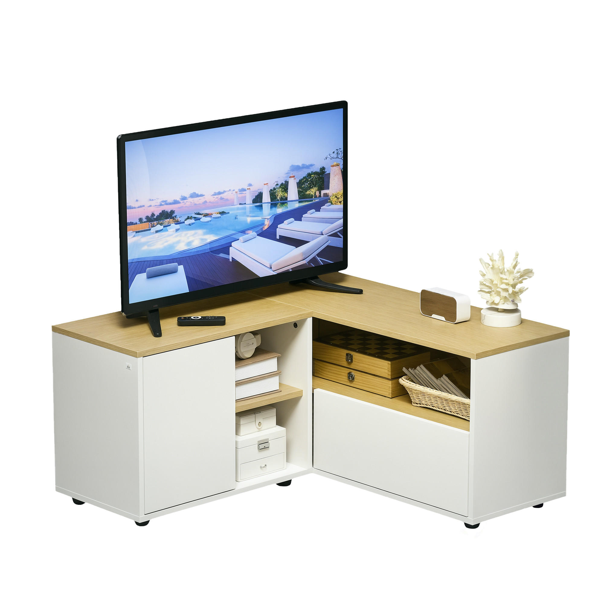 ECK-TV-LOWBOARD Hellbraun/Weiß 90/90/45 cm, Eckdesign, 2 Türen, 3 offene Fächer - Weiß, Holzwerkstoff (90/45/90cm) - PANGIVO