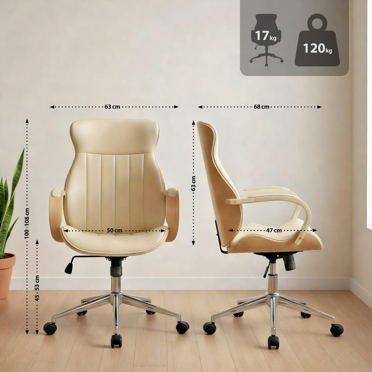 DREHSTUHL Lederlook Natura/Creme - Chromfarben/Eukalyptusholzfarben, Textil/Metall (63/100/68cm) - CLP