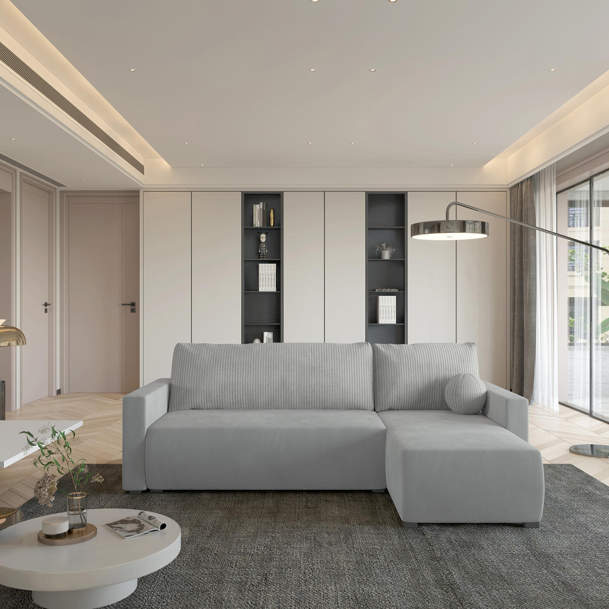 ROHOVÁ SEDAČKA SORGE světle šedá - šedá/světle šedá, dřevo/textil (220/143cm) - MASSENO