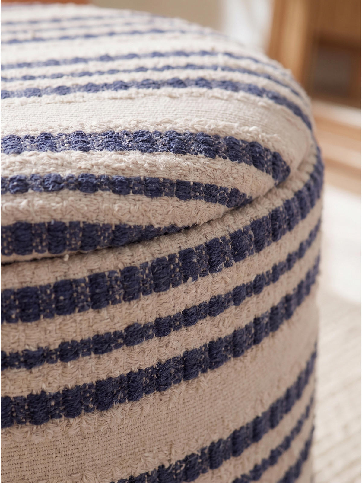 SITZHOCKER RHONE, Stoff, mit Textilbezug, Blau-Beige, Ø 40 x 45 cm - Blau/Beige, Textil (40/45/40cm) - KADIMA DESIGN