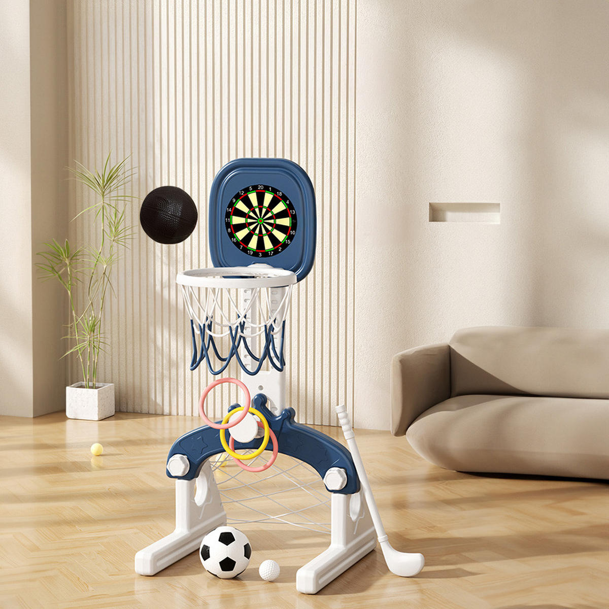 SPIELPLATZ 5 in 1 Basketballständer Fußballtor Golf Wurfspiel Kunststoff - Blau/Weiß, Kunststoff (40/85/41cm) - Livingandhome