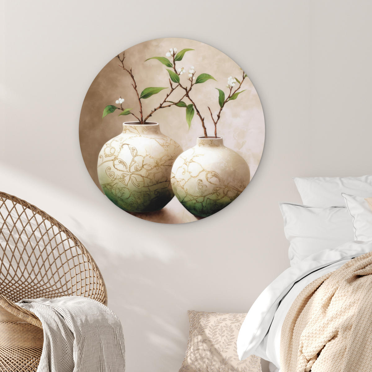 WANDBILD Blumen - Vase - Weiß - Botanisch - Beige 90x90 cm - Ecru, Kunststoff (90/90cm) - MuchoWow