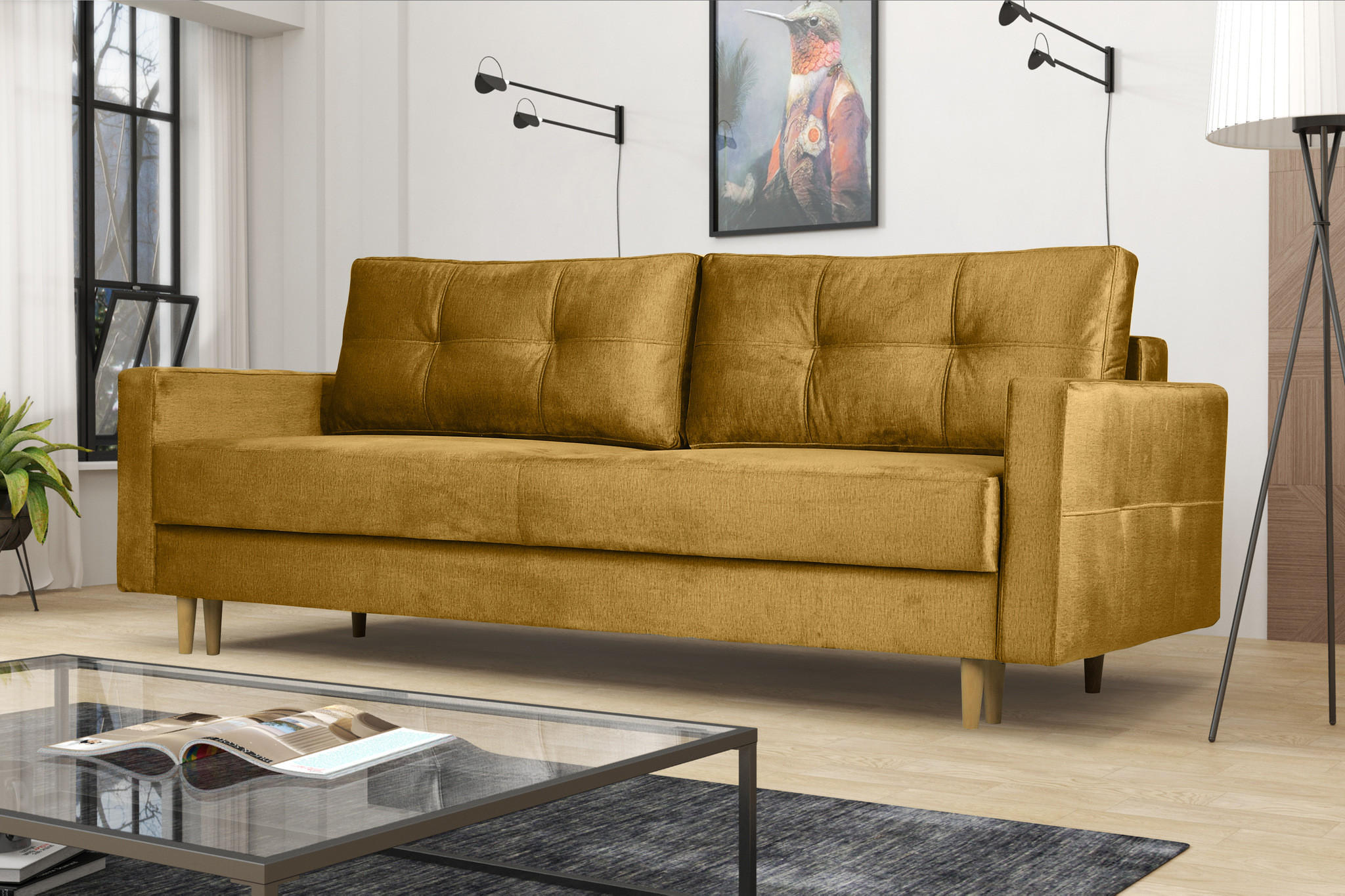 SCHLAFOSOFA Floro 3-Sitzer Stoff Monolith Senffarbe - Gelb, Holz/Textil (227/92/98cm) - Kaiser Möbel