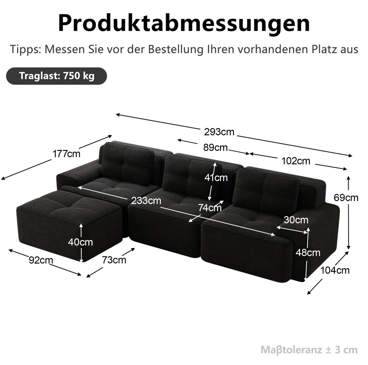 MODULSOFA aus Cord Schwarz 293x177x69 cm mit flexibler Anordnung - Schwarz, Textil (177/293cm) - IVMEU