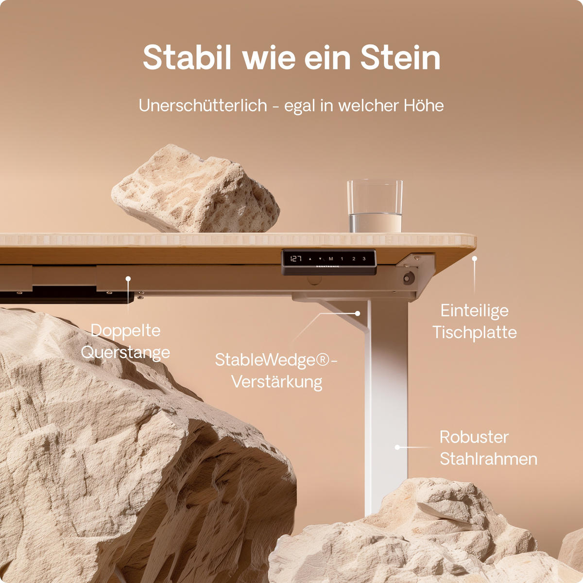 SCHREIBTISCH Elektrisch Höhenverstellbarer HomePro 160x80cm Weiß/Bambus mit Memory-Funktion, Anti-Kollisions Technologie - Hellgelb/Weiß, Holz (80/160/63.5cm) - Desktronic