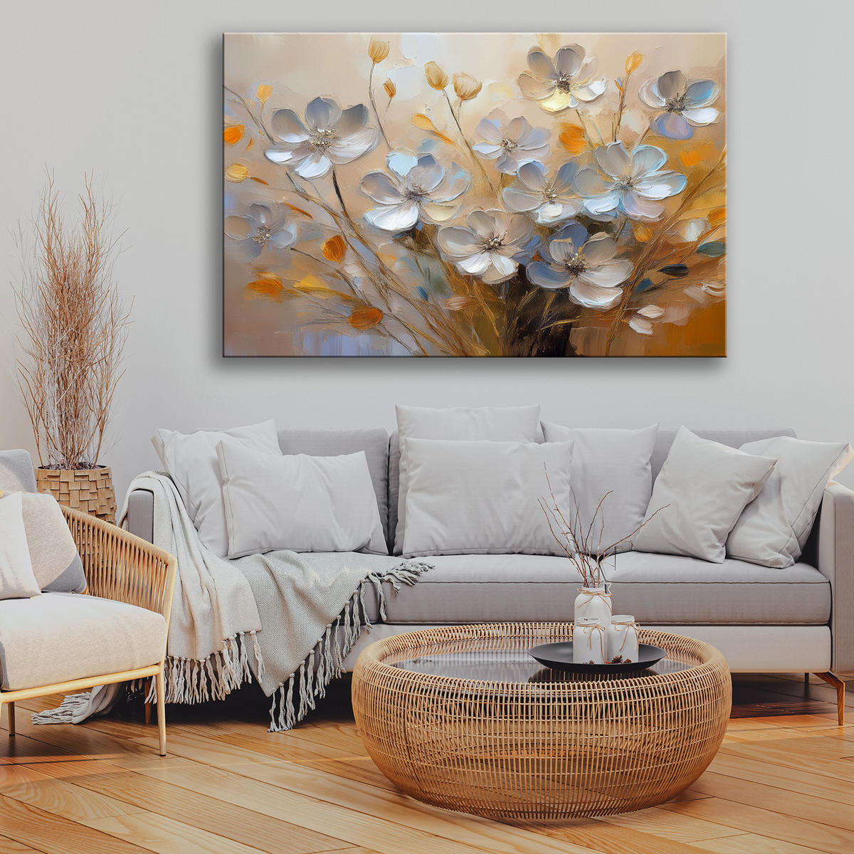 WANDBILD gemalter blumenstrauß - Beige, Textil (60/40cm) - Feeby