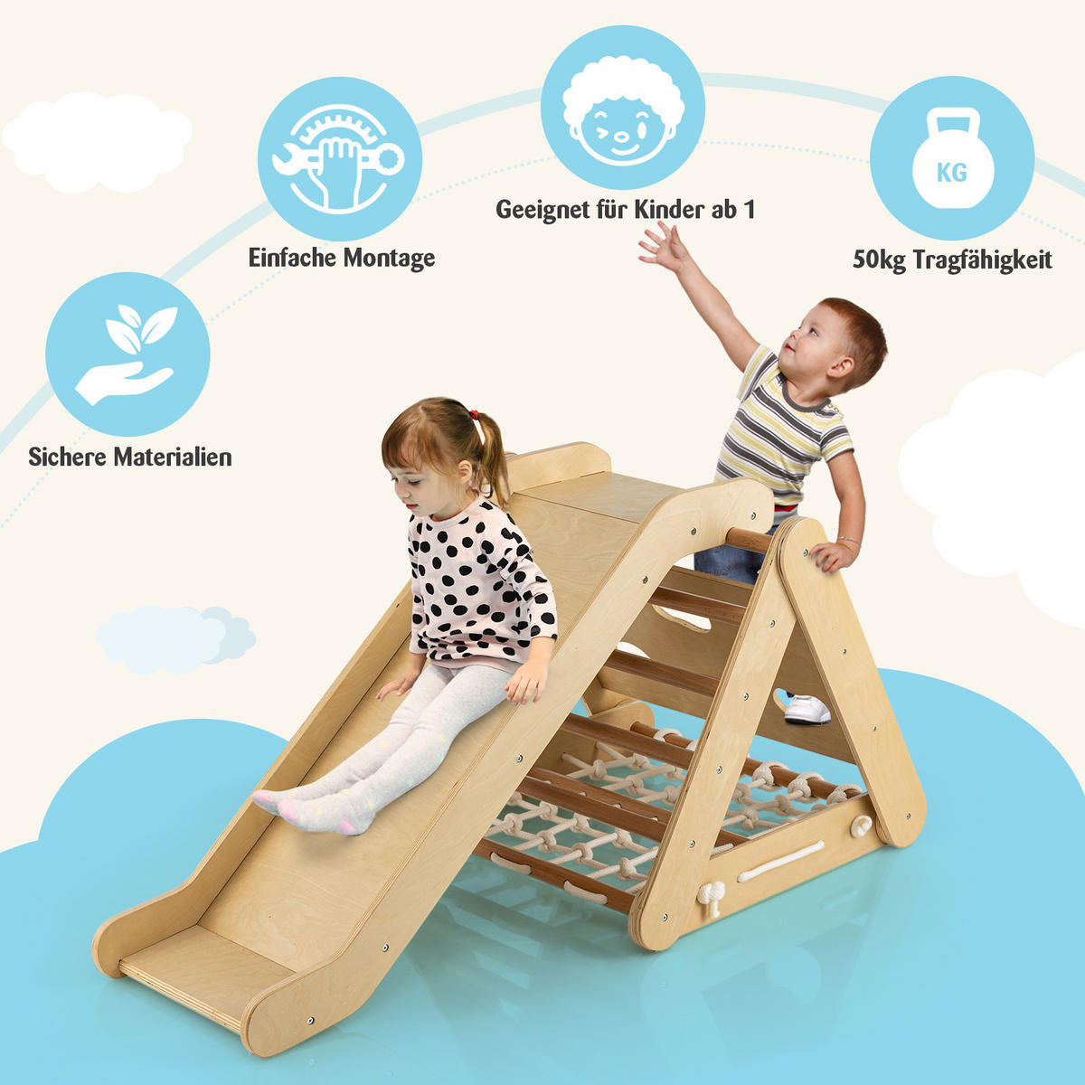 KLÄTTERDREIECK 4 i 1 trä - Naturfärgad, Trä (64/58/63cm) - COSTWAY
