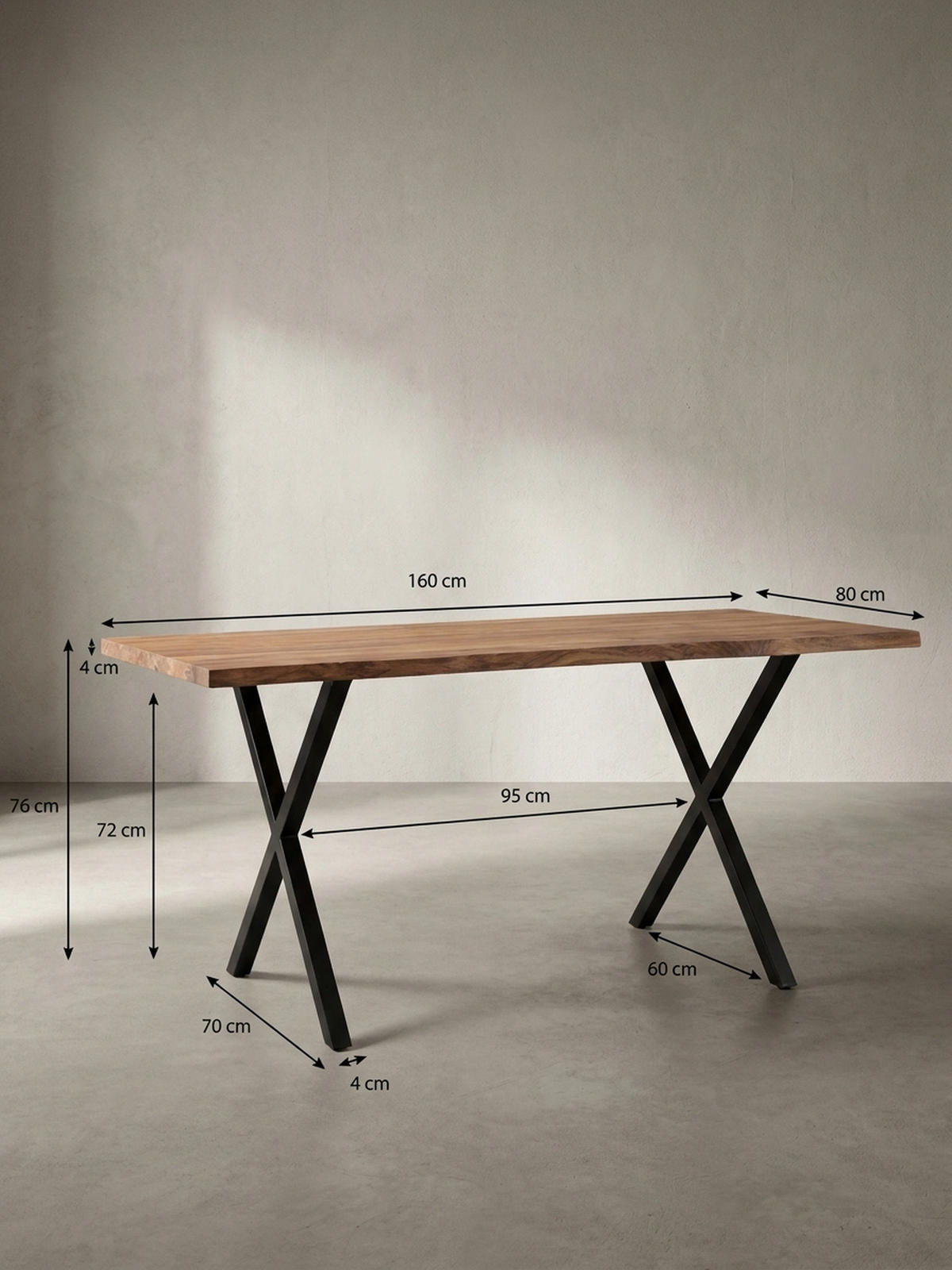 SCHREIBTISCH Massivholz X-Gestell Baumkante Handgefertigt KRETA, Goldbraun-Schwarz 160x80x76 cm - Schwarz/Braun, Holz/Metall (80/160/76cm) - KADIMA DESIGN