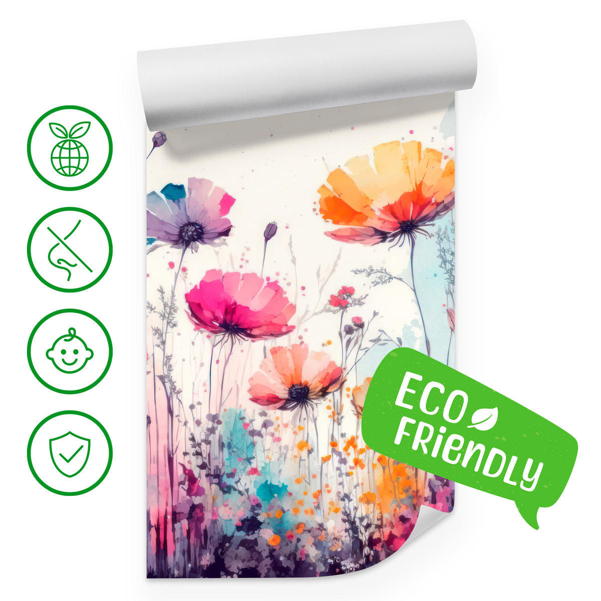 FOTOTAPETE für Schlafzimmer Abstrakte Bunte Wiesenblumen Aquarell 250x175 - Türkis/Rot, Papier (250/175cm) - Muralo