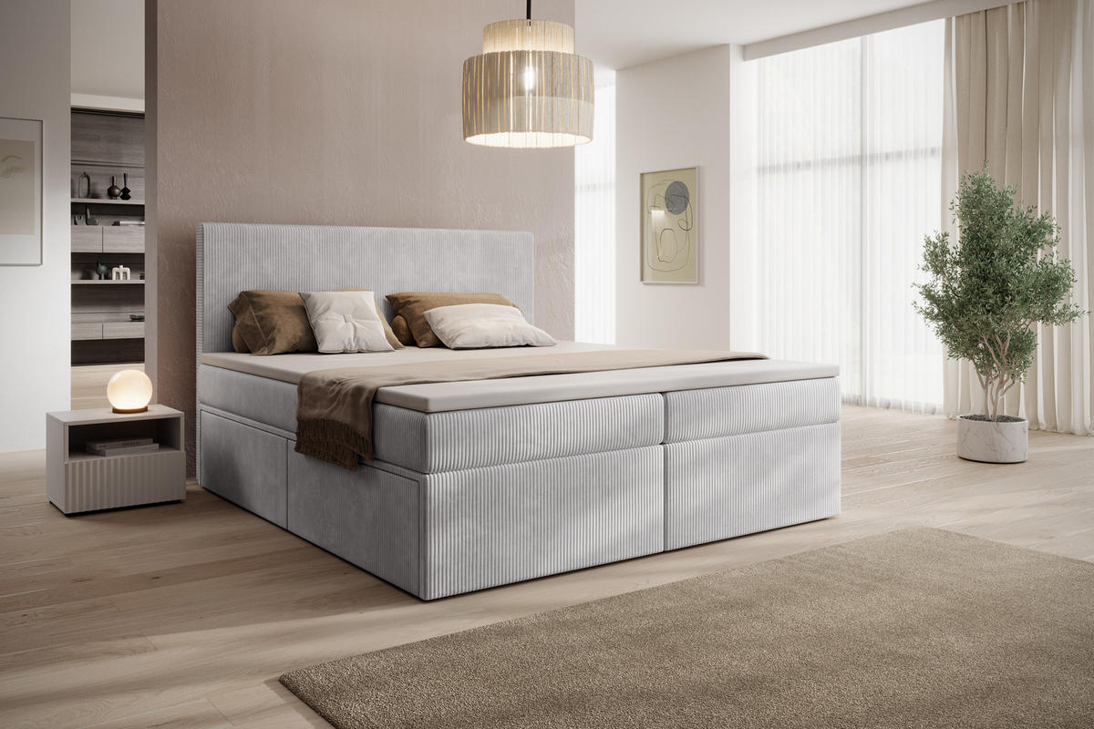 BOXSPRINGBETT Siena mit Schubladen und Topper, POSO-Cordstoff, 180x200 cm, Grau - Grau, Holz - PROMETO Möbel