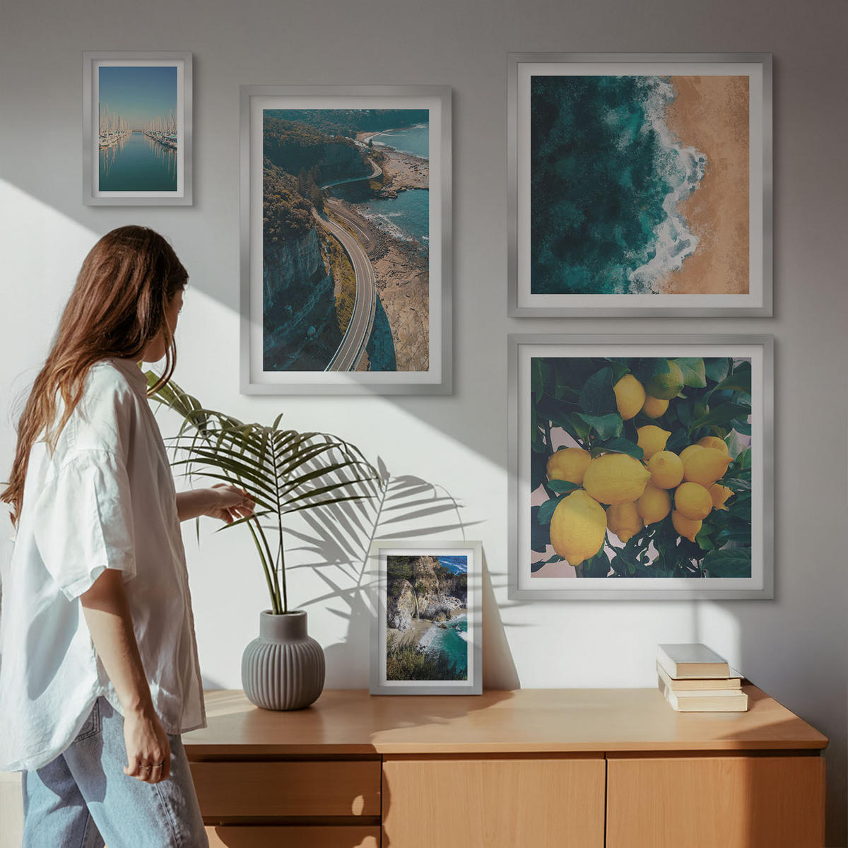 WANDBILDER 5er Set - 50x50 cm & 20x30 cm & 40x60 cm Silberner Rahmen - Straßen am Meer, ein Meer aus Zitronen - Silberfarben, Kunststoff (40/60cm) - ArtPrintCave