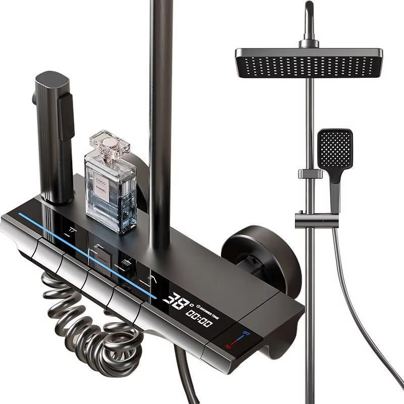 ÜBERKOPFBRAUSESET LED Messing Thermostat Digitalanzeige Heiß Kalt - Dunkelgrau, Metall (20/120/30cm) - Bextcok
