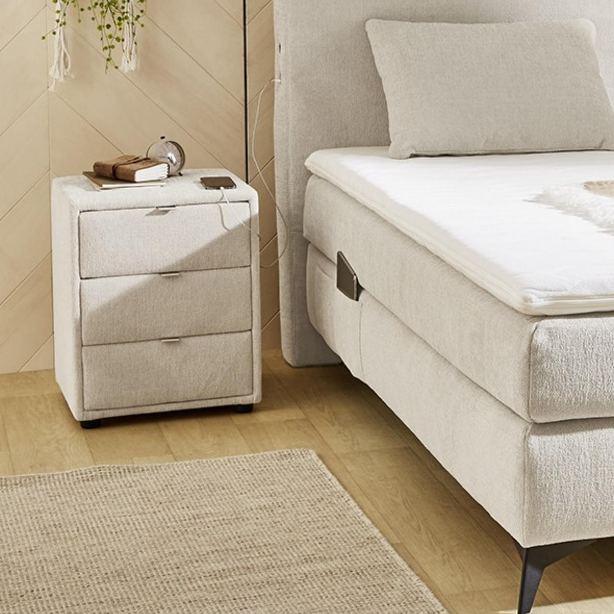 BOXSPRINGBETT 160x00 cm, 7-Zonen-Tonnentaschen-Federkernmatratzen H4, Topper, Bonell-Federkern, Beleuchtung, USB-Ladeports, Chenille Beige / 20014 - Beige/Schwarz, Textil/Metall (160/200cm) - luma-home