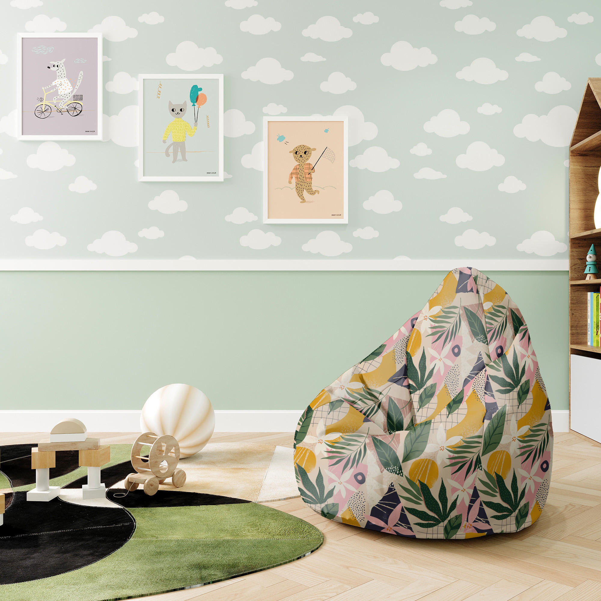 SITZSACK MIT FUßSTÜTZE Velvet 2-tlg Simple Floral S - Hellblau, Textil (70/105/70cm) - Dreamroots
