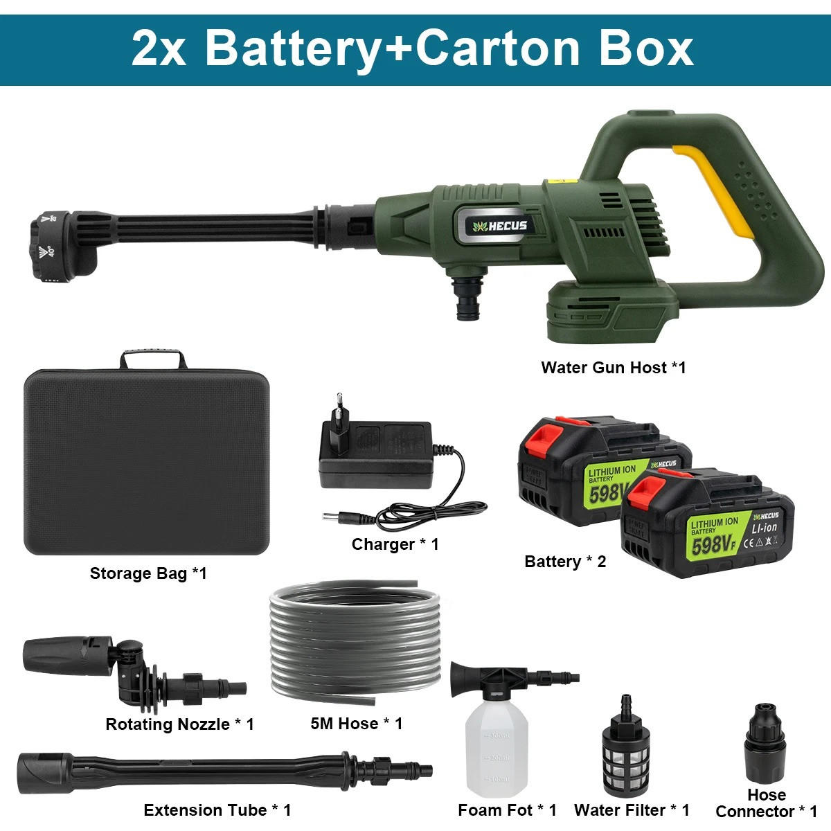 ELEKTRO-HOCHDRUCKREINIGER 6 IN 1, 200 Bar 3 Gänge bürstenloser, für Makita 18 V Batteriestifte, Mit 2 Batterien - Grün, Kunststoff (45/23cm) - Coonoor