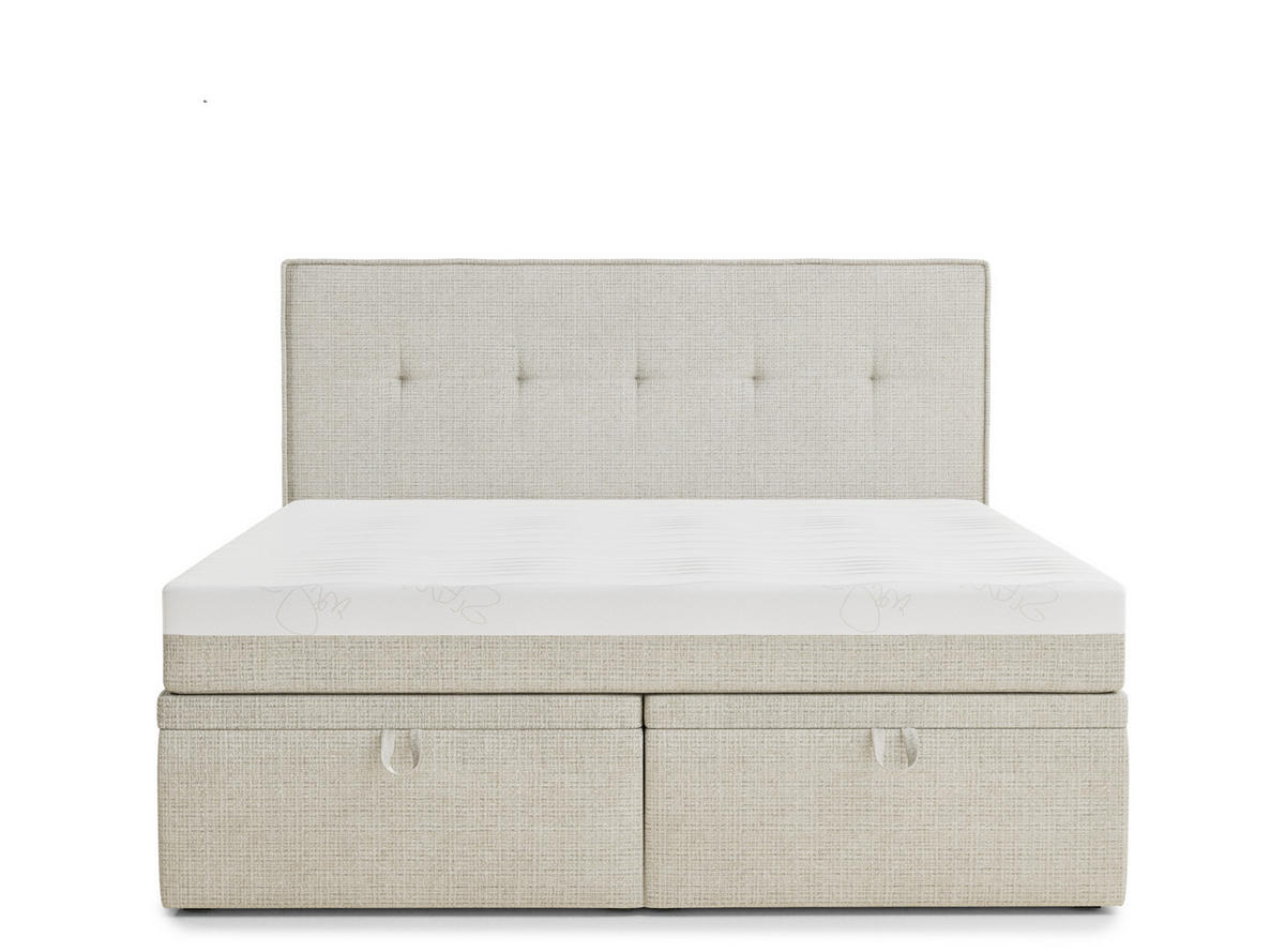 BOXBETT 140/200 cm Comfrey, in Beige, Matratze, gepolstertes Kopfteil, Bettkasten, H3 = fest - Beige/Schwarz, Holz/Holzwerkstoff (140/200cm) - Maison de Reve