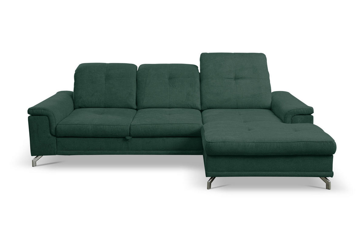 ECKSOFA PANAMA mit Schlaffunktion und Bettkasten, Farbe: Grün, Velourstoff, Ottomane Rechts - Grün, Textil (270/180cm) - VENASI MÖBEL