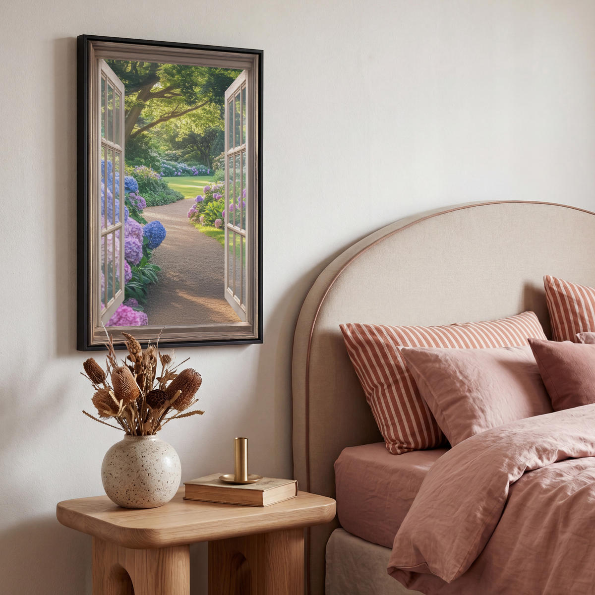 LEINWAND Bilder mit Rahmen - Aussicht - Garten - Fenster - Hortensie - Blumen - 40x60 - Pastellblau, Textil (40/60cm) - MuchoWow