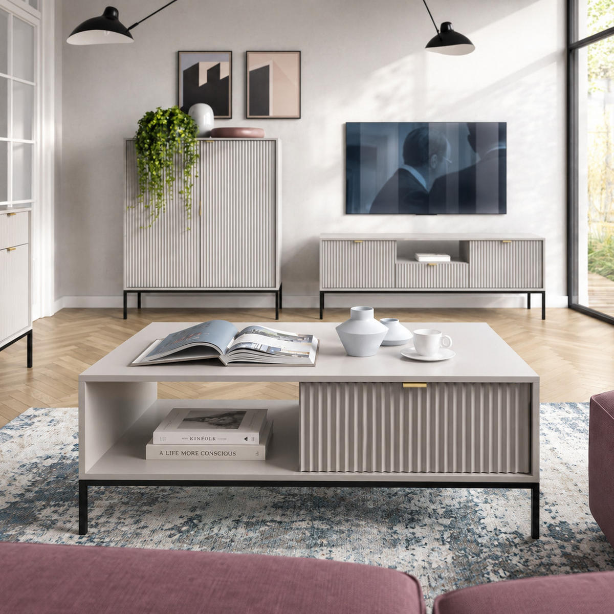 COUCHTISCH Kioto 104 cm in Grau mit Schubladen und Metallbeinen - Goldfarben/Schwarz, Holzwerkstoff/Metall (68/104/46cm) - Ravio