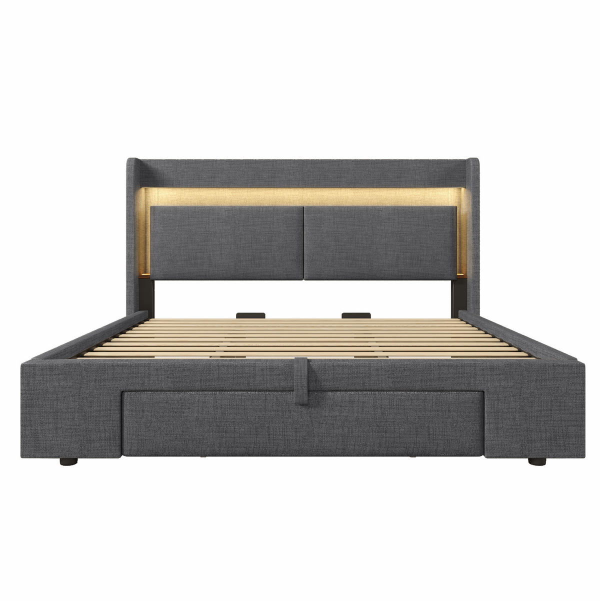 ČALOUNĚNÁ postel 180/200 cm šedá z lnu s hydraulickým úložným prostorem, LED a USB-C - šedá, textil (180/200cm) - OKWISH