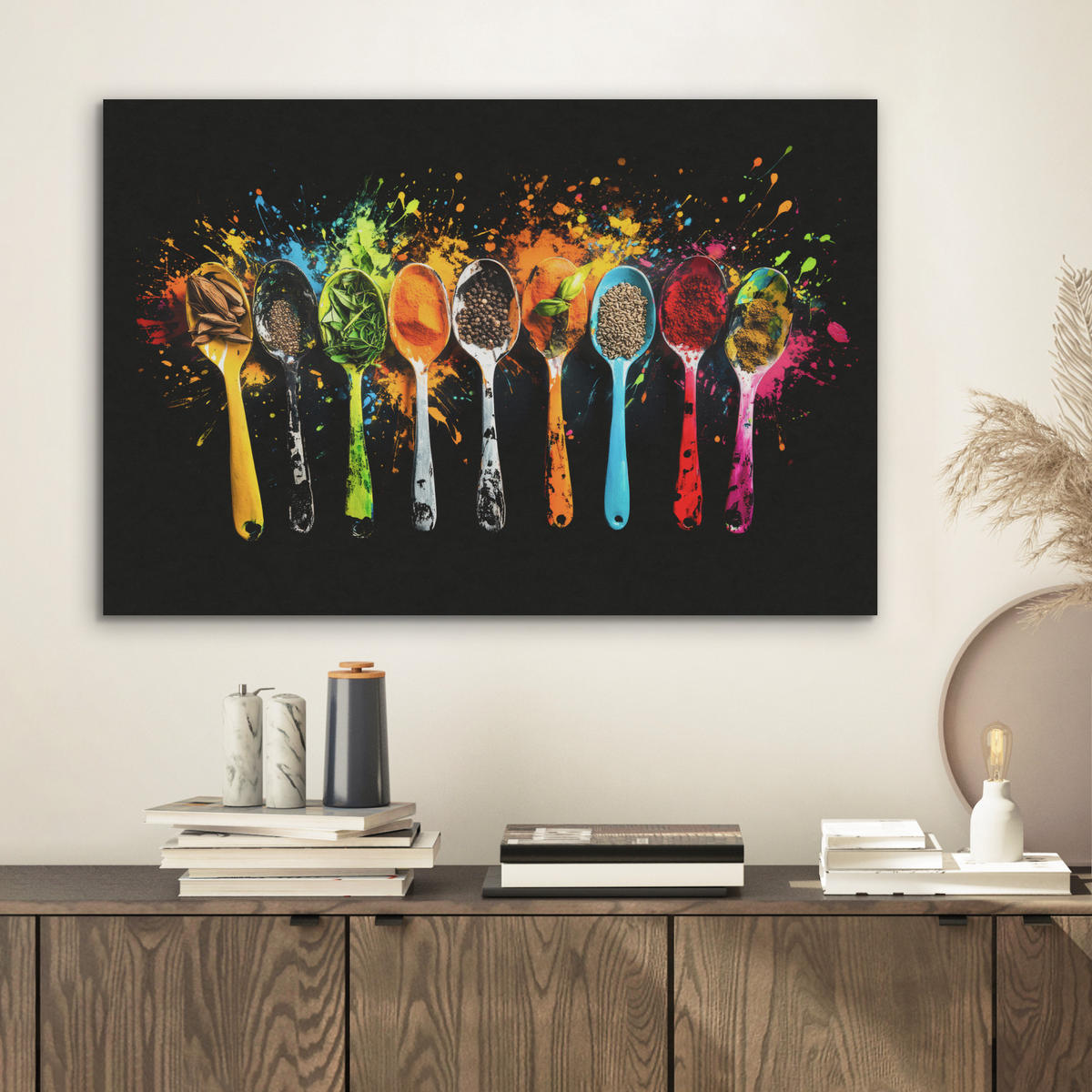 AKUSTIKBILD Löffel - Gewürze - Modern - Graffiti - Farbe - Farbenfroh Wanddeko 70x50 cm - Multicolor, Kunststoff (70/50/0.9cm) - MuchoWow