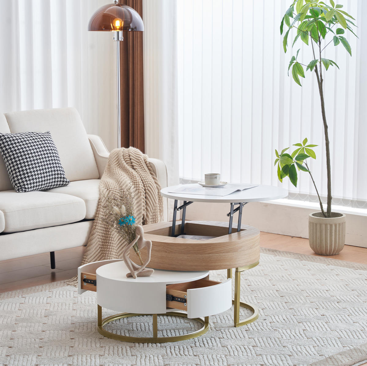 COUCHTISCH-SET 70/70/56 und 60/60/27 cm in Weiß mit Holzoptik, höhenverstellbar - Weiß, Holzwerkstoff (70/70/56.5cm) - Flora Grace