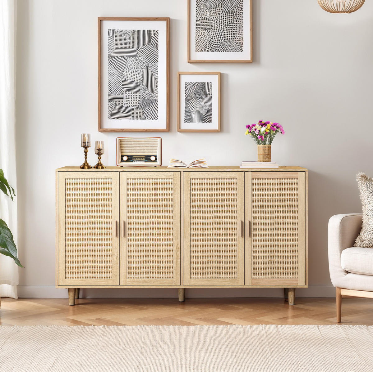 SIDEBOARD 158/40/88 cm mit 4 Türen in Natur mit Rattan-Optik - Naturfarben, Holzwerkstoff (158/88/40cm) - BEAOK