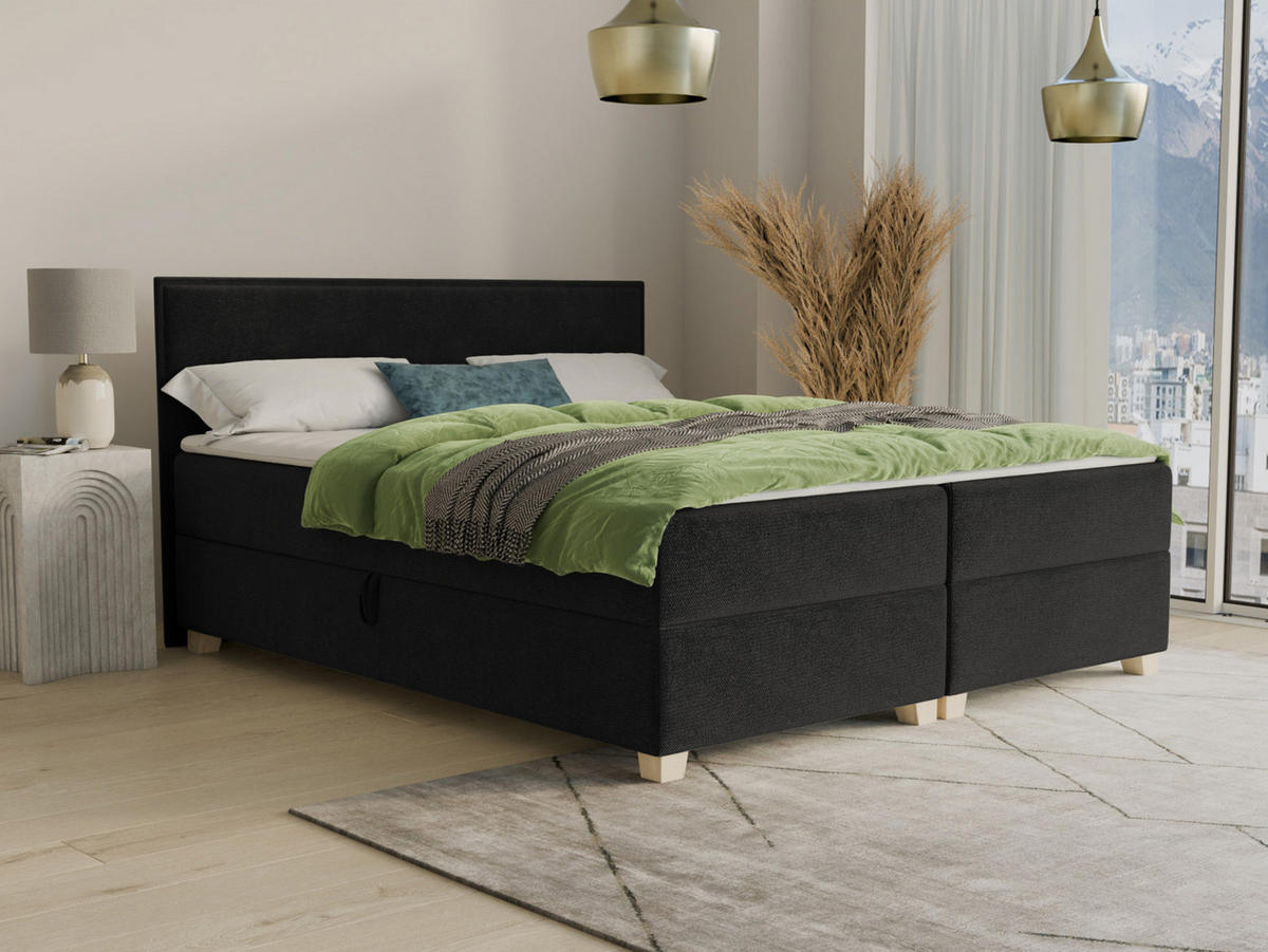 BOXBETT Fren - 180x200 - schwarz (Kronos 07, Velvet) - Beige/Schwarz, Holz/Holzwerkstoff (180/200cm) - Sofnet