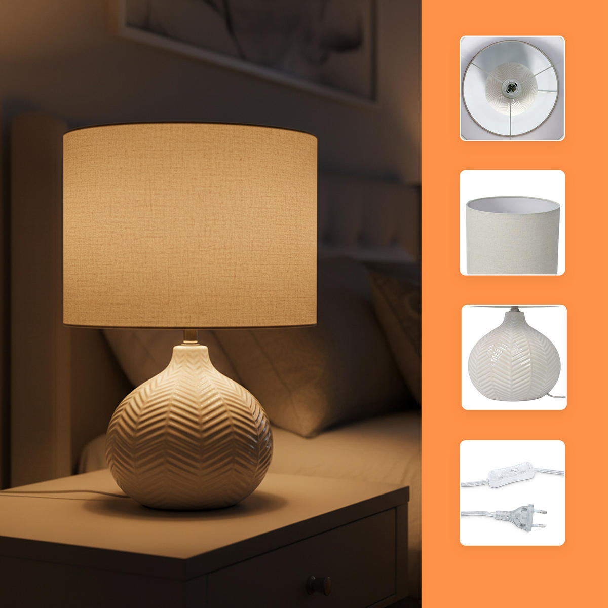 STOL. lampa - biela, kov/textil (30/30/42cm) - Relaxdays