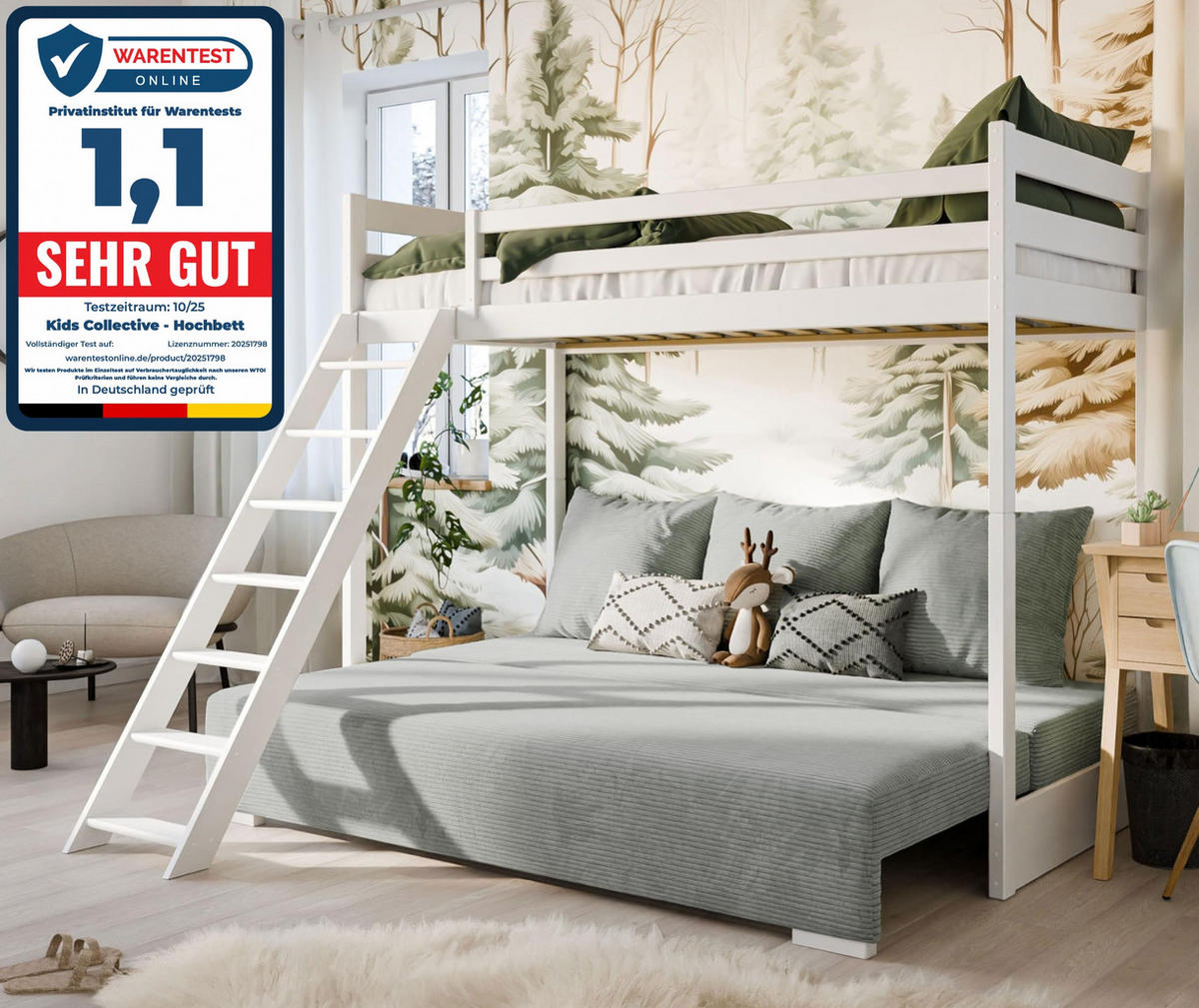 HOCHBETT mit Schlafsofa 200x140 cm in weiß und salbeifarben - Salbeigrün/Weiß, Holz (90/200cm) - Kids Collective
