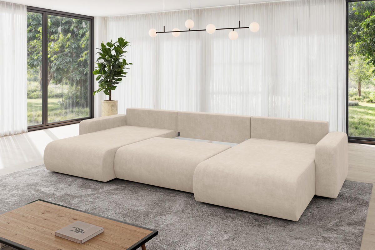 SEDACÍ SOUPRAVA DO U s funkcí spaní a úložným prostorem BERY-U 377x193x88 béžová velur - černá/Sahara, kompozitní dřevo/textil (377/88/193cm) - ALTDECOR