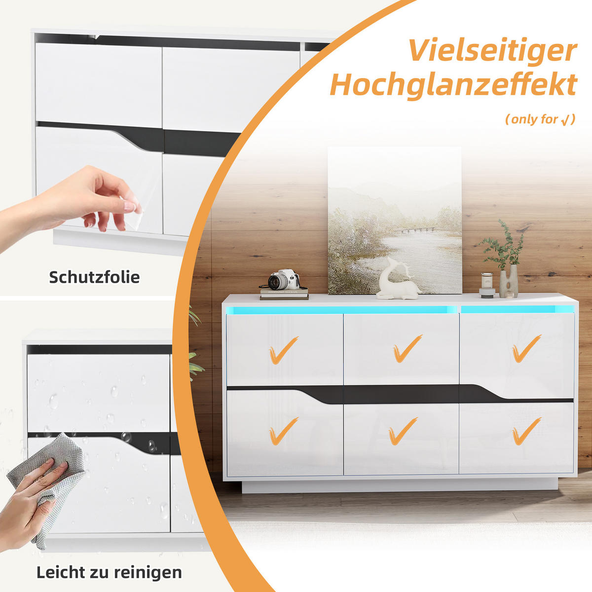 SIDEBOARD LED Weiß Schwarz 3 Türen 140x40x70cm Hochglanz Stauraum - Weiß, Holzwerkstoff (40/70/140cm) - FLIEKS