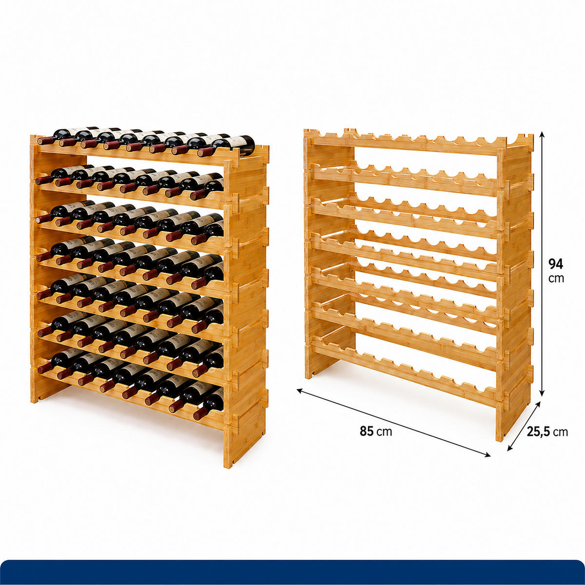 WEINREGAL Natur Bambus stapelbar 63 Flaschen - Hellbraun, Holz (85/94/25.5cm) - Relaxdays