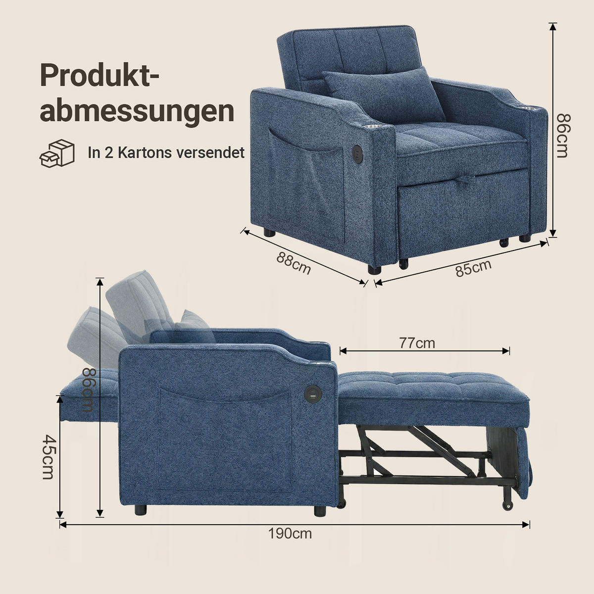 RELAXSESSEL 190/85/86 cm Marineblau mit USB-/Typ-C-Anschluss und Seitentasche - Dunkelblau, Textil (190/86/85cm) - Oxeza