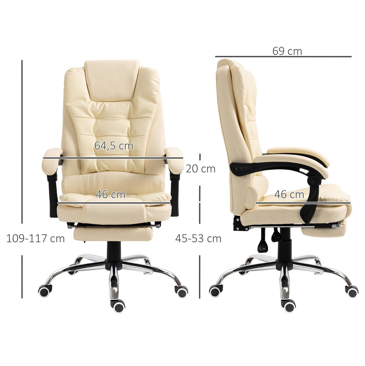 BÜROSTUHL in Cremeweiß 69x64,5x117 cm mit ausziehbarer Fußstütze und verstellbarer Rückenlehne - Creme, Kunststoff (64.5/117/69cm) - IVMEU