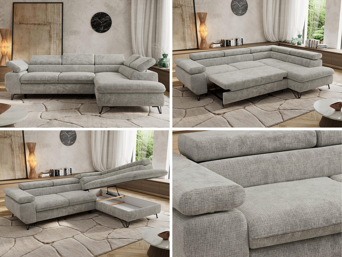 ECKSOFA PABLO L Hellgrau Schenille grob gewebt - Rechts Seite - Hellgrau/Schwarz, Textil/Metall (273/208cm) - MKS