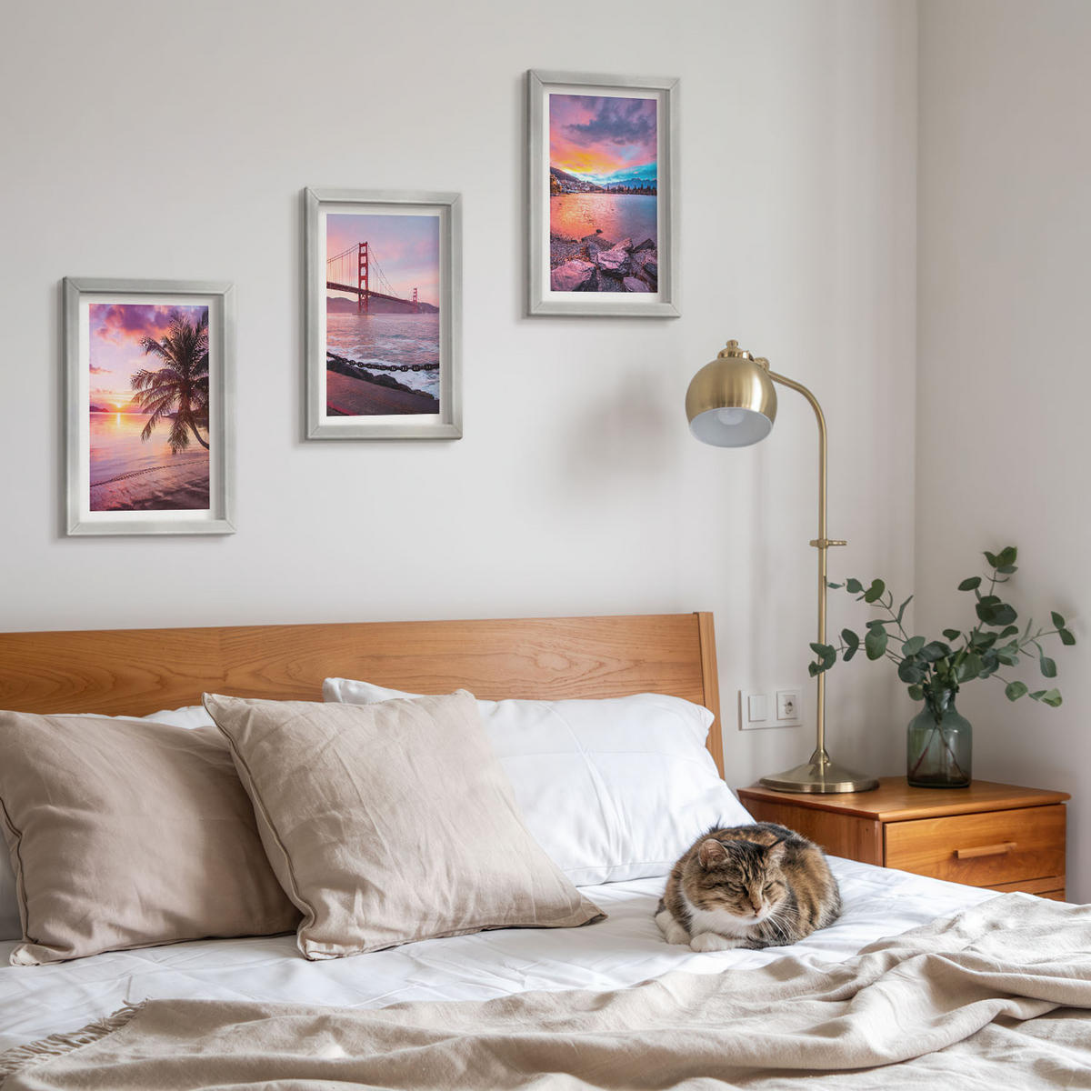 WANDBILDER 3er Set - 20x30 cm Silberner Rahmen - Sonnenuntergangsbrücke Landschaft - Silberfarben, Kunststoff (20/30cm) - ArtPrintCave