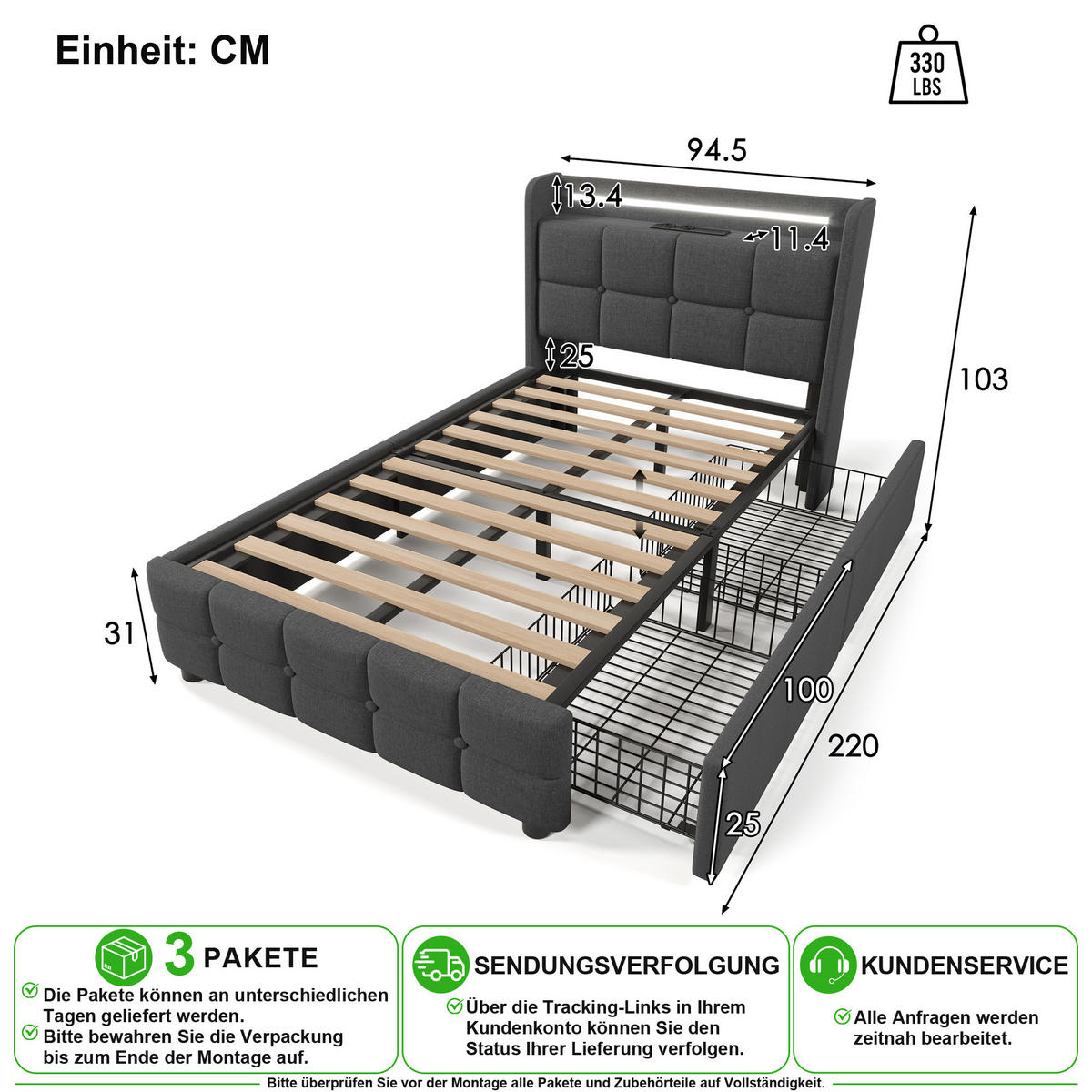POLSTERBETT 90/200 cm in Grau Stoff mit LED, USB, 2 Schubladen und Matratze - Grau, Holzwerkstoff/Textil (90/200cm) - CHICFURN