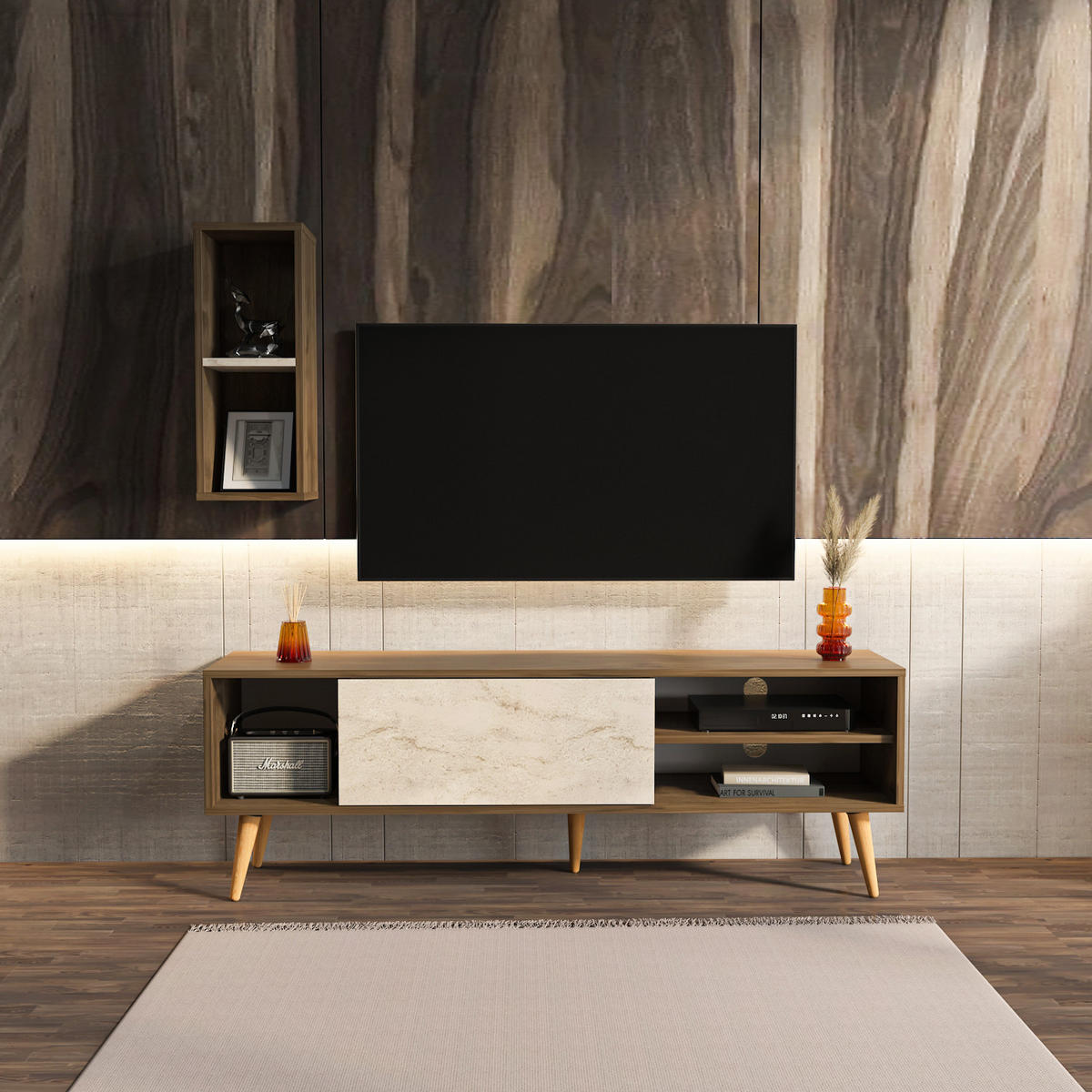 TV-LOWBOARD Rans Walnuss Travertin - Beige/Braun, Holzwerkstoff (160/53.5/35cm) - Decorotika