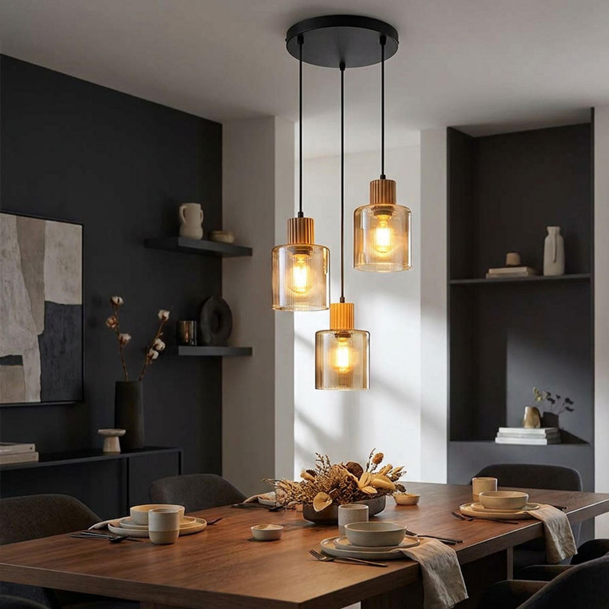 LED HÄNGELEUCHTE Metall, Rauchglas, Schwarz - Schwarz, Holz (30/30/120cm) - Globo Lighting