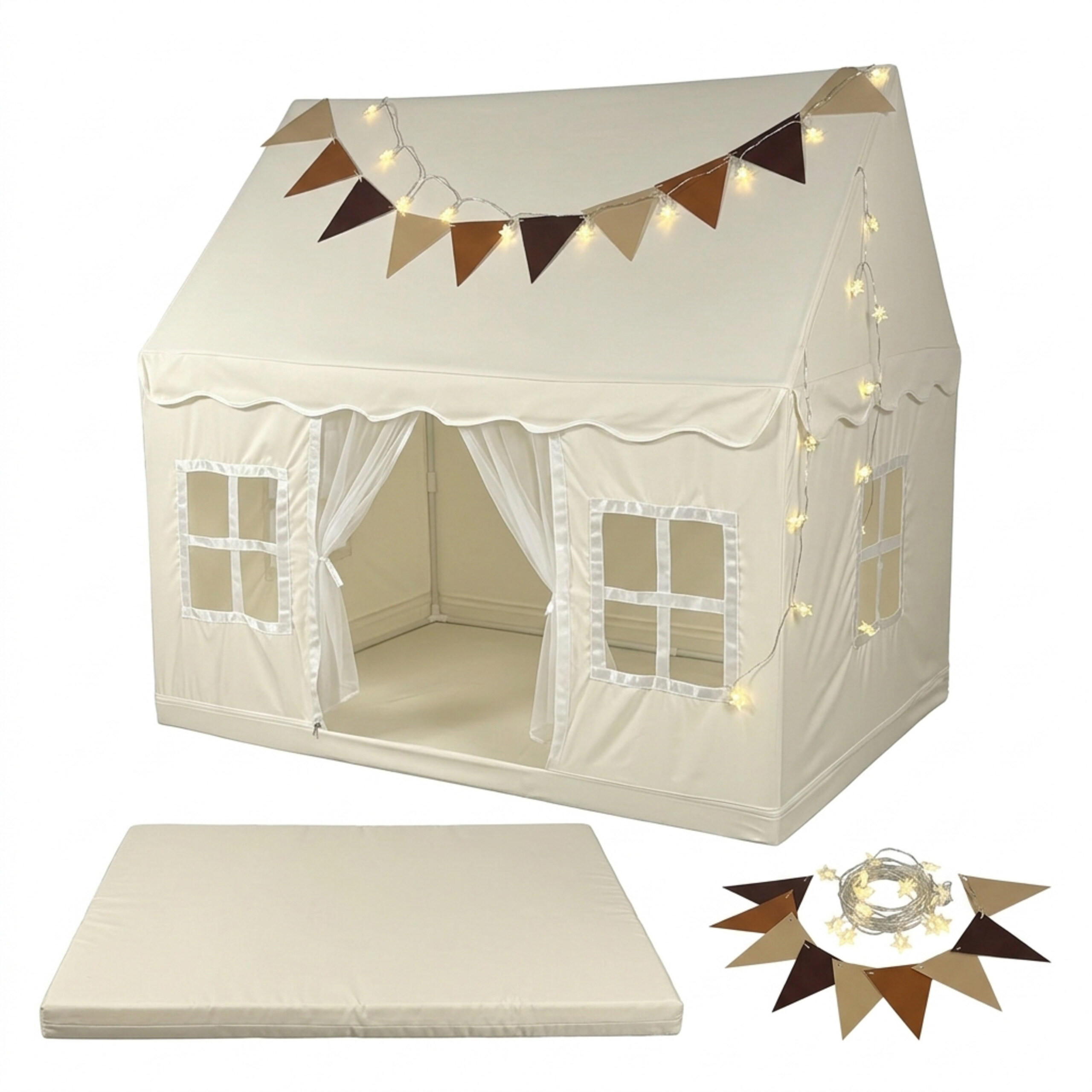 SPIELZELT Beige mit Lichterkette 130x125x95 cm - Beige, Kunststoff/Textil (125/130/95cm) - Relaxdays